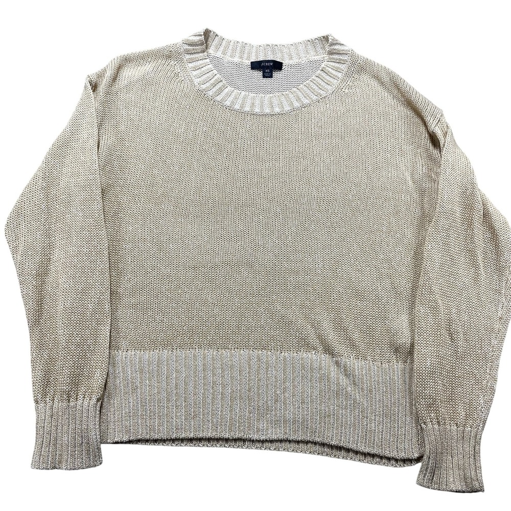 J.CREW Sweater Womens XS Beige Cotton Linen Knit Crewneck Pullover Ribbed Hem